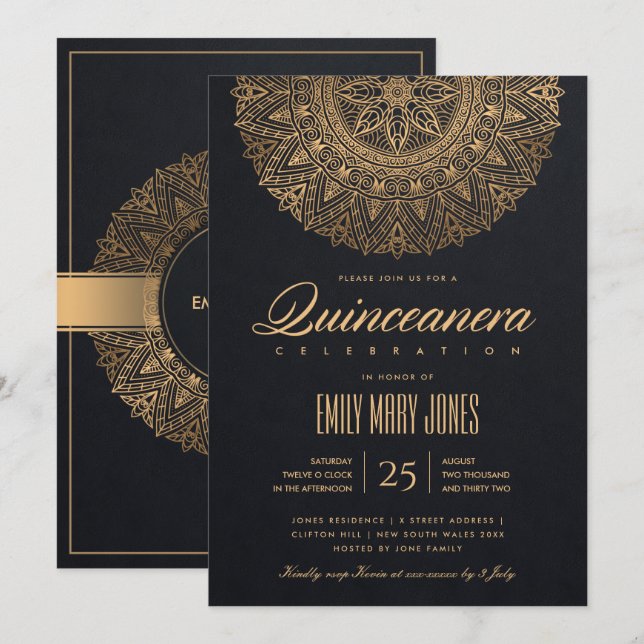 LUXE BLACK GOLD CLASSIC VERZIERT MANDALA QUINCEANE EINLADUNG (Vorne/Hinten)