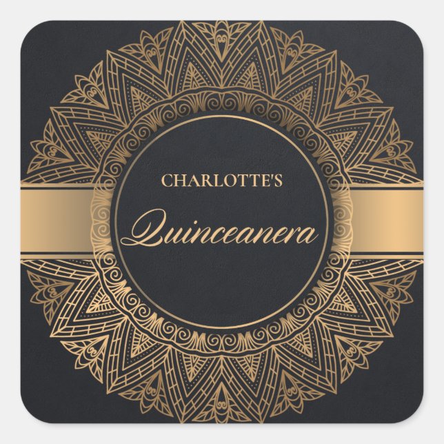 LUXE BLACK GOLD CLASSIC VERZIERT MANDALA QUINCEANE QUADRATISCHER AUFKLEBER (Vorderseite)