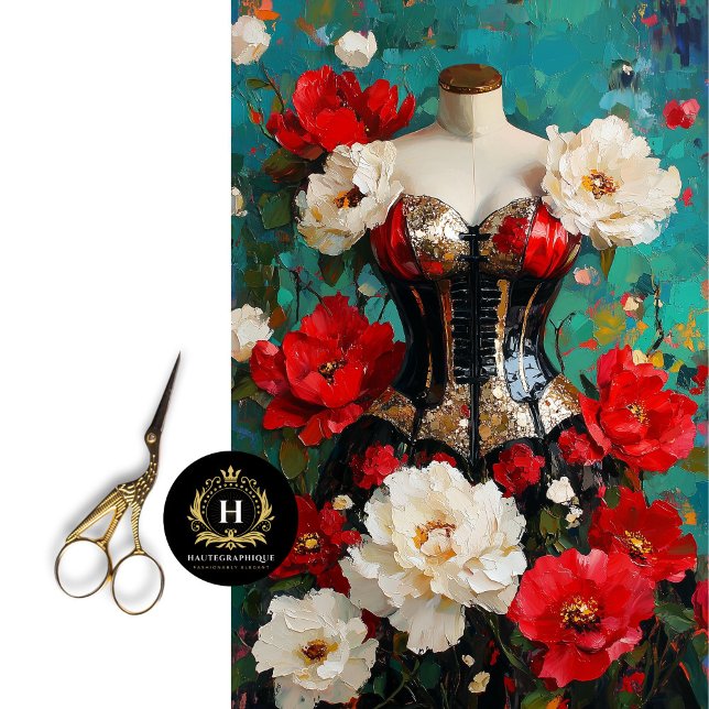 Luxe Black Gold Corset Mannequin Red Floral Seidenpapier (Von Creator hochgeladen)