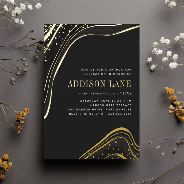 Luxe Black & Gold Liquid Marble Graduation Party Folieneinladung (Von Creator hochgeladen)