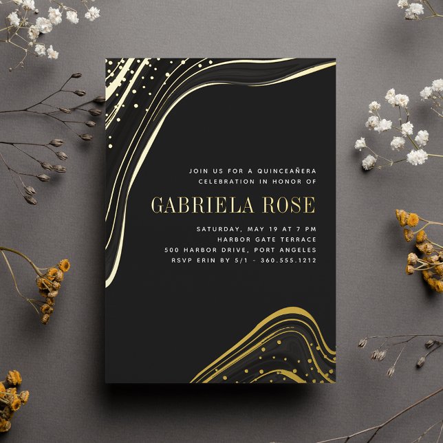 Luxe Black & Gold Liquid Marmor Quinceanera Folieneinladung (Von Creator hochgeladen)