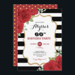 Luxe Black Gold Rote Rosen Erwachsene Frauen Gebur Einladung<br><div class="desc">Dieses Design zeichnet sich durch lebendige Aquarellfarben-rote Rosen auf schwarz-weiß gestreiftem Hintergrund aus</div>