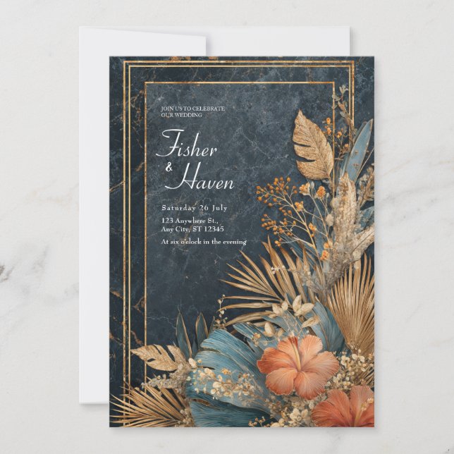 Luxe Black Marble & Gold Tropical VIP Hochzeit Einladung (Vorderseite)