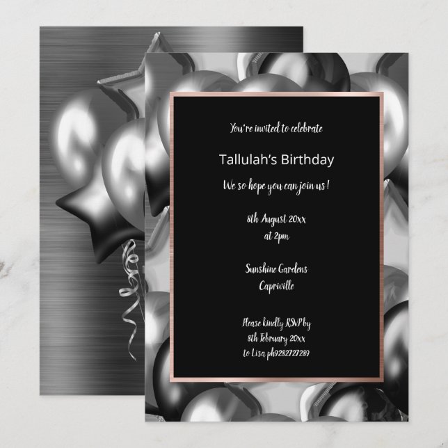 LUXE BLACK METALLIC BALLOON INVITATION EINLADUNG (Vorne/Hinten)
