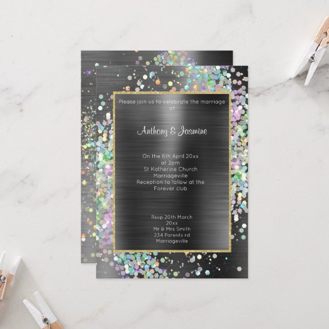 LUXE BLACK METALLIC HOLOGRAPHIC PASTEL WEDING EINLADUNG (Vorderseite/Rückseite Beispiel)