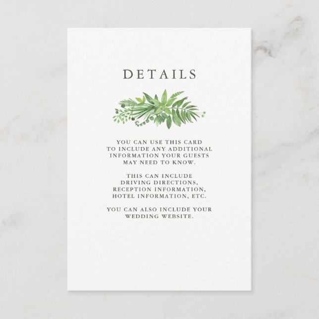 Luxe Blätter Grüne botanische Hochzeitgäste Detail Begleitkarte (Vorderseite)