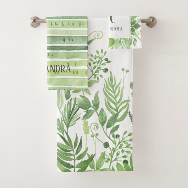 Luxe Blätter | grünes Botanicals und Monogramm Badhandtuch Set (Insitu)