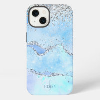 Luxe Blue Marble & Silver Glitzer mit Name Monogra