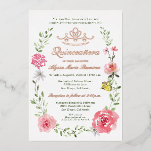 Luxe Blumenrosa Schmetterlinge Tiara Quinceañera Folieneinladung