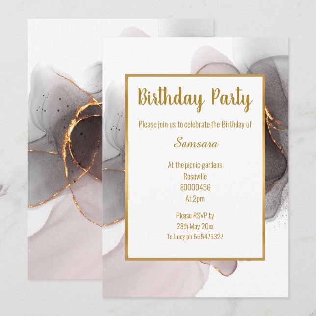 LUXE BLUSH BLACK CHIFFON BIRTHDAY EINLADUNG (Vorne/Hinten)