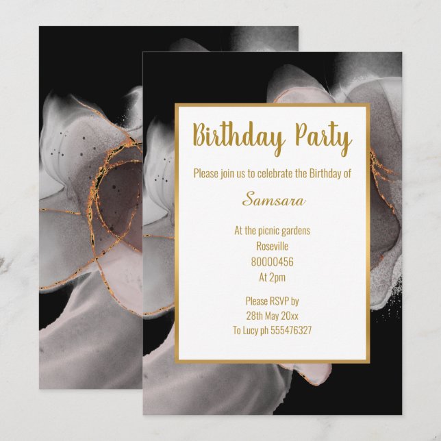 LUXE BLUSH BLACK RAUCHEY ROSE GEBURTSTAG EINLADUNG (Vorne/Hinten)