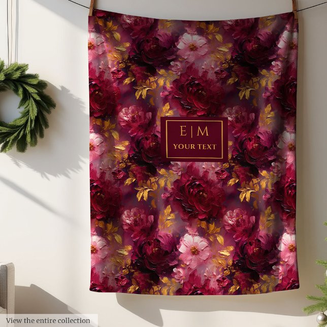 Luxe Blush Burgundy Gold Personalisiert Boho Flora Fleecedecke (Luxe Blush Burgundy Gold Personalized Boho Floral Fleece Blanket)