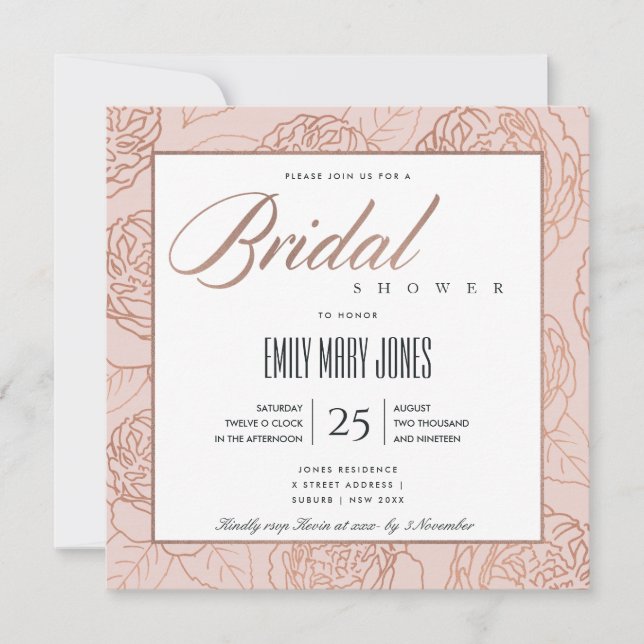 LUXE BLUSH PINK ROSE GOLD FLORAL BRAUTPARTY EINLADUNG (Vorderseite)