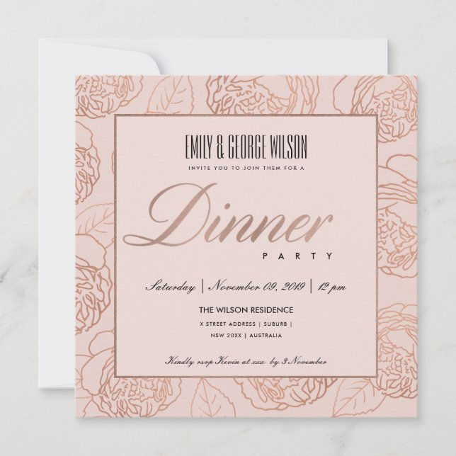 LUXE BLUSH PINK ROSE GOLD FLORAL DINNER PARTY EINLADUNG (Vorderseite)