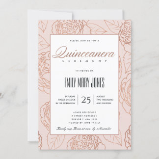 LUXE BLUSH PINK ROSE GOLD FLORAL QUINCEANERERA EINLADUNG