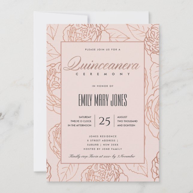 LUXE BLUSH PINK ROSE GOLD FLORAL QUINCEANERERA EINLADUNG (Vorderseite)