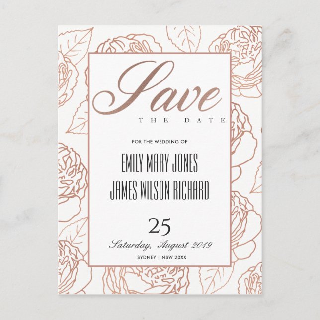 LUXE BLUSH PINK ROSE GOLD FLORAL RETT UNSER DATUM ANKÜNDIGUNGSPOSTKARTE (Vorderseite)