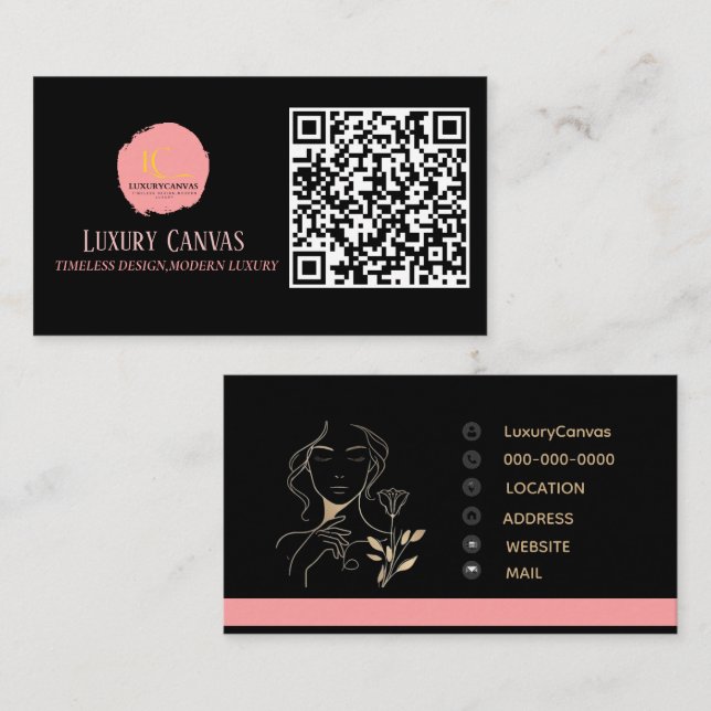 Luxe Blush rose QR Code Carte de visite de beauté (Devant / Derrière)