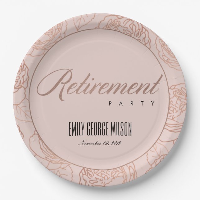 LUXE BLUSPINK ROSE GOLD FLORAL RETIREMENT PAPPTELLER (Vorderseite)