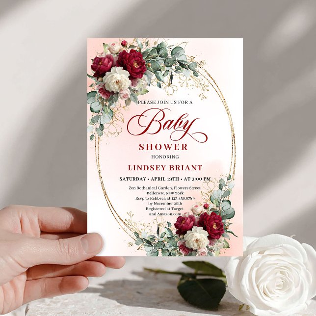 Luxe Boho Maroon Floral Gold Baby Shower Invitatio Einladung (Luxe Boho Maroon Floral Gold Baby Shower Invitation)