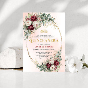 Luxe Boho Tiefrote Pfingstrosen Eukalyptus Quincea Einladung
