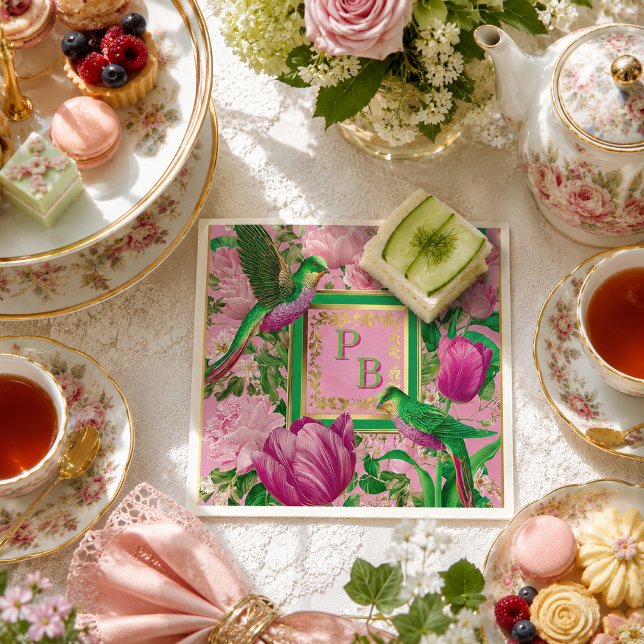 Luxe-Botanical-Teeparty-Cocktail Serviette (Beautiful Botanical Pink and Green Party Napkins )