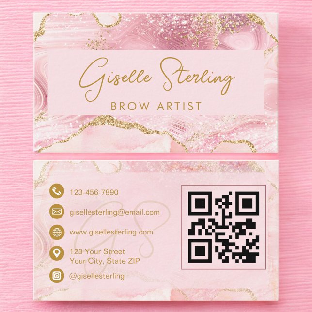 Luxe Brow Artist Blush Pink Gold Agate QR Code Visitenkarte (Von Creator hochgeladen)