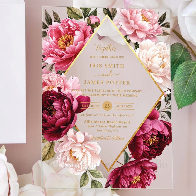 Luxe Burgundy and Blush Pink Peony Floral Wedding Acryleinladungen (luxe burgundy pink blush peonies floral flowers modern diamond wedding acrylic invitation)