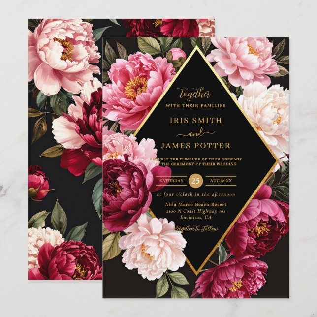 Luxe Burgundy and Blush Pink Peony Floral Wedding Einladung (Vorne/Hinten)