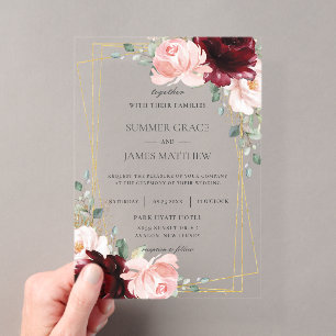 Luxe Burgundy Blush Pink Roses Floral Wedding Acryleinladungen