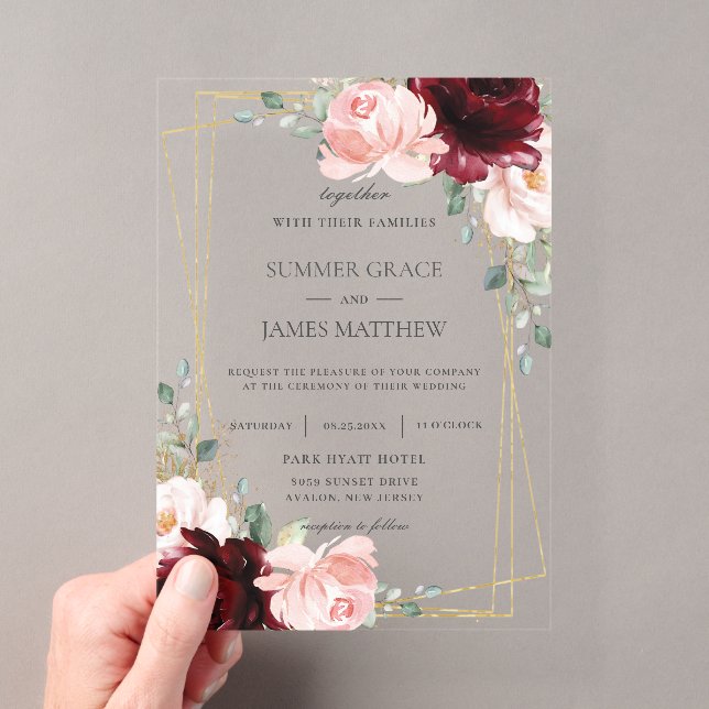 Luxe Burgundy Blush Pink Roses Floral Wedding Acryleinladungen (Insitu (Handheld))