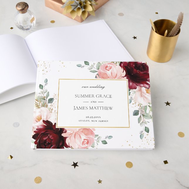 Luxe Burgundy Blush Pink Roses Floral Wedding Gästebuch (Vorderseite Offen)