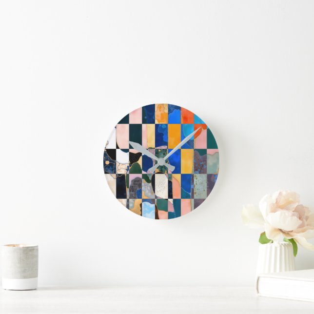 Luxe Checkerboard Vorhang Runde Wanduhr (Zuhause)