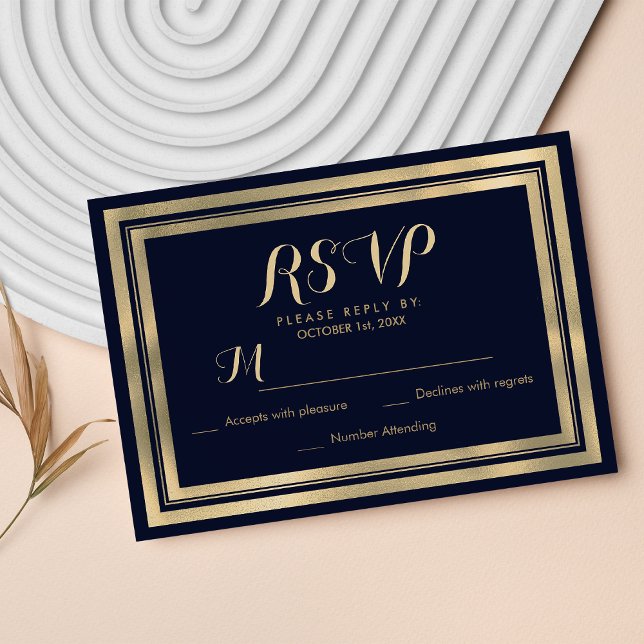 Luxe design moderne marine bleu or RSVP (Luxury stylish modern navy blue gold RSVP)