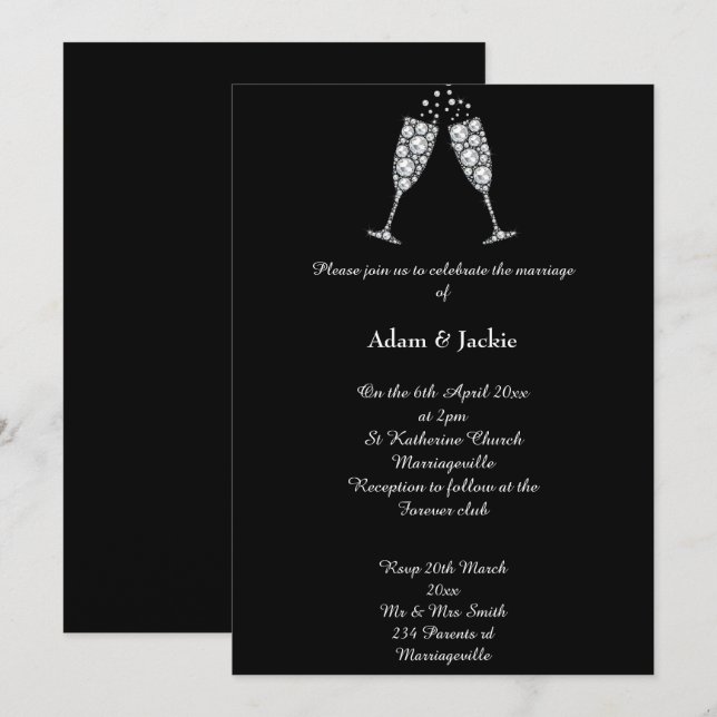 Luxe Diamond Champagne Glass ELEGANT WEDING Einladung (Vorne/Hinten)