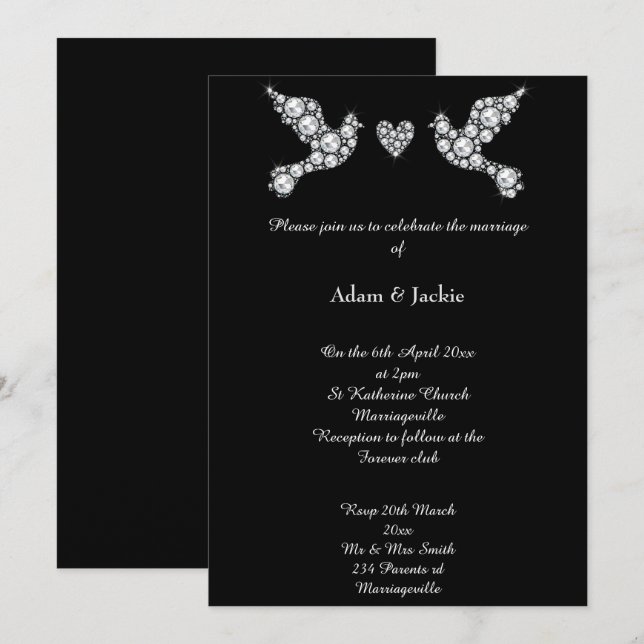 Luxe Diamond Love Dove Black Faire-part de mariage (Devant / Derrière)