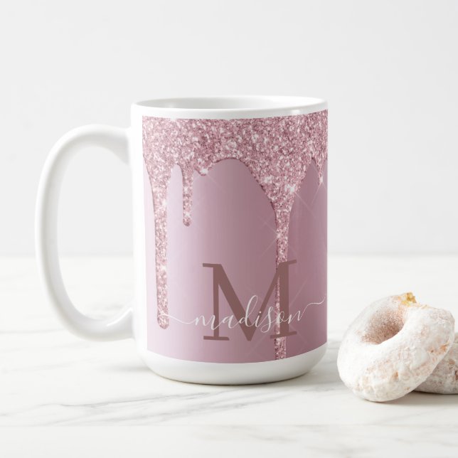 Luxe Dripping Rose Gold Glitzer Monogram Kaffeetasse (Mit Donut)