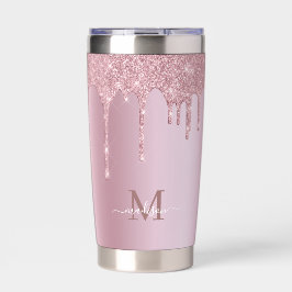 Luxe Dripping Rose Gold Glitzer Monogram Thermobecher