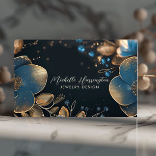 Luxe Elegance Blue and Gold Floral Jeweldesign Visitenkarte