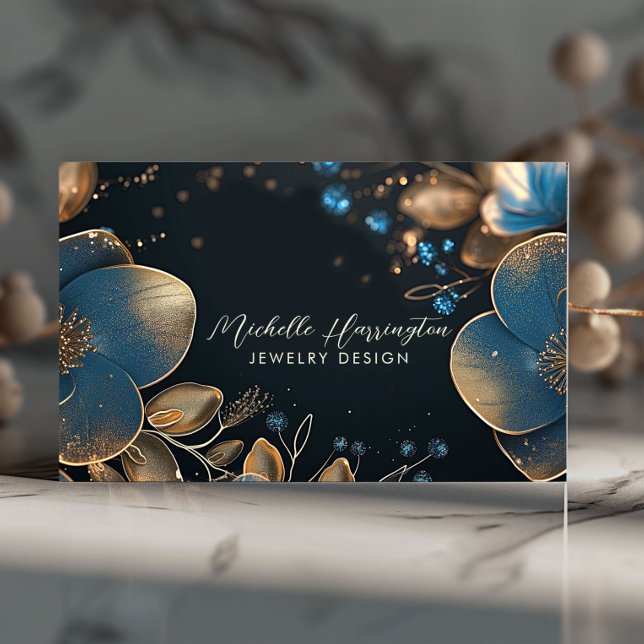 Luxe Elegance Blue and Gold Floral Jeweldesign Visitenkarte (Von Creator hochgeladen)