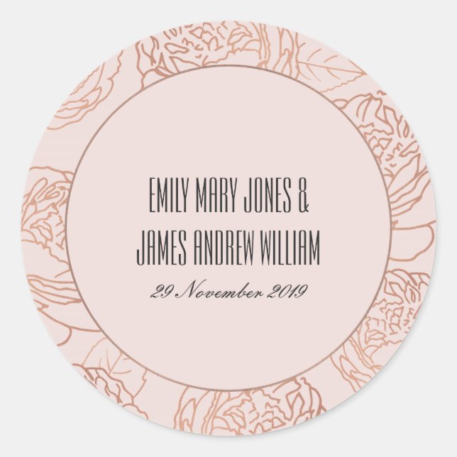 LUXE ELEGANT BLUSH PINK ROSE GOLD FLORAL WEDD RUNDER AUFKLEBER (Vorderseite)