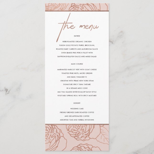 LUXE ELEGANT BLUSPINK ROSE GOLD FLORAL MENÜ MENÜKARTE (Vorderseite)