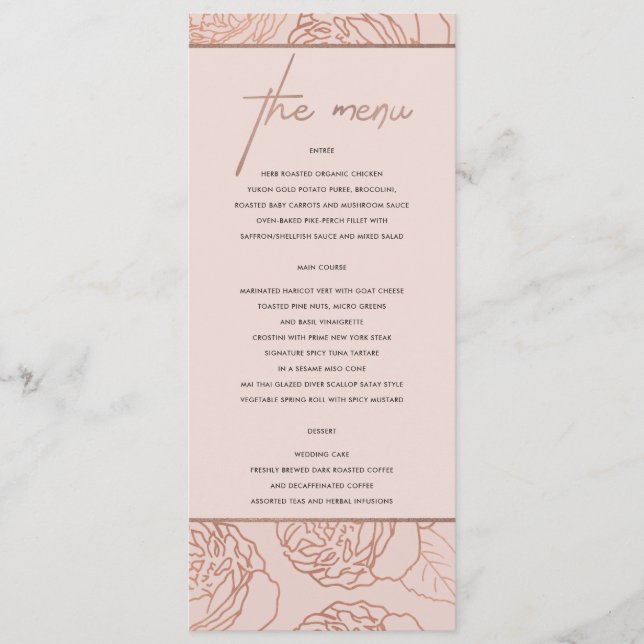 LUXE ELEGANT BLUSPINK ROSE GOLD FLORAL MENÜ MENÜKARTE (Vorderseite)