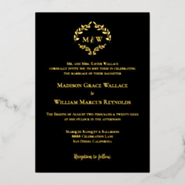 Luxe Elegant Crest Wedding Monogram Black Gold   Folieneinladung