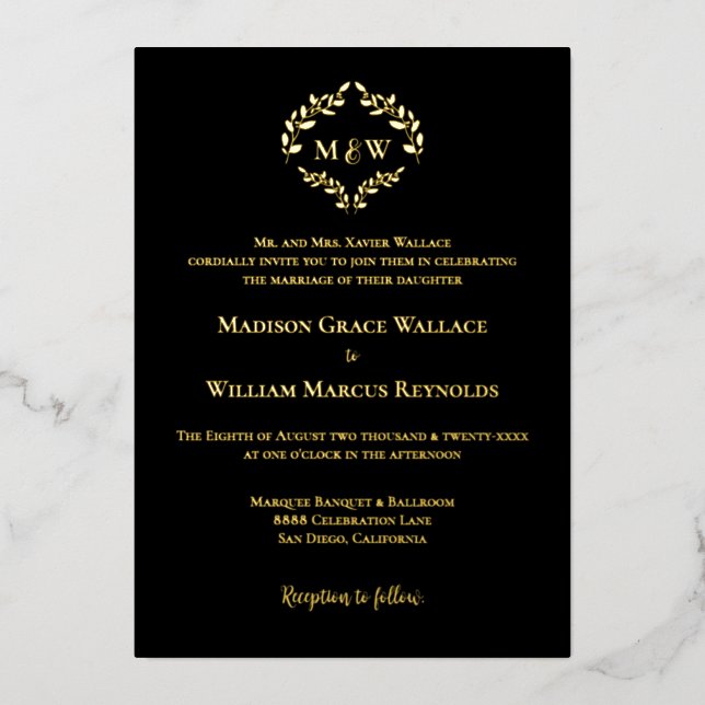Luxe Elegant Crest Wedding Monogram Black Gold   Folieneinladung (Vorderseite)