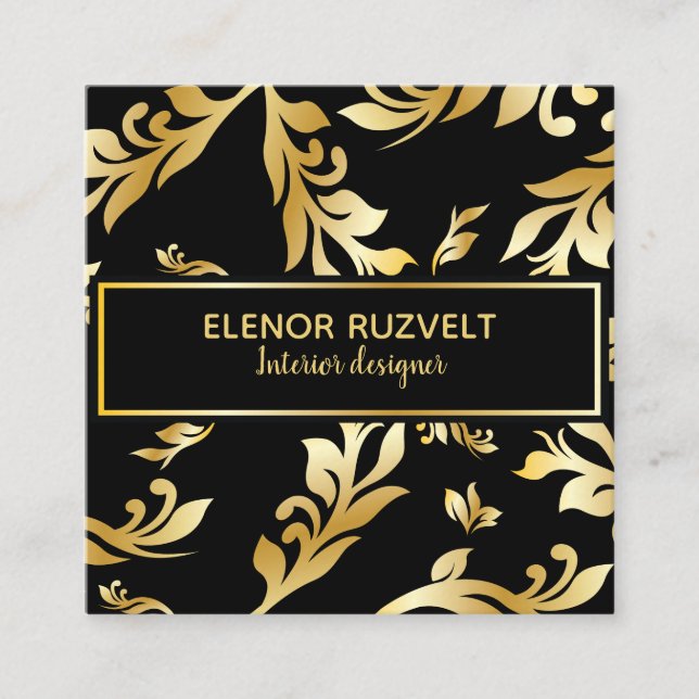 Luxe elegante, florale Black Gold Business Card Quadratische Visitenkarte (Vorderseite)