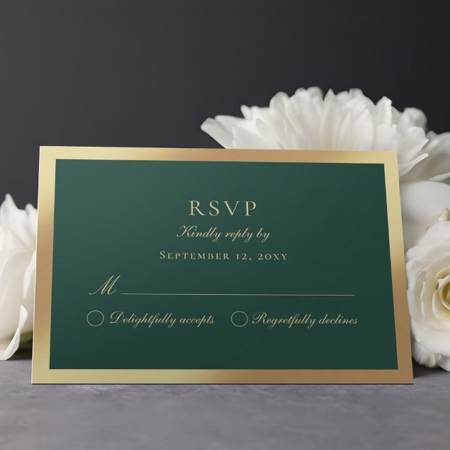 Luxe Emerald Green Classic Faux Gold Carte RSVP (Créateur téléchargé)