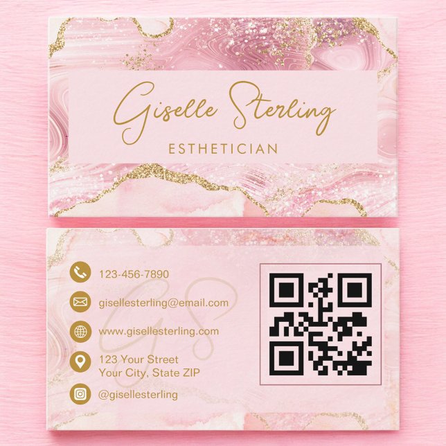 Luxe Esthetician Blush Pink Gold Agate QR Code Visitenkarte (Von Creator hochgeladen)