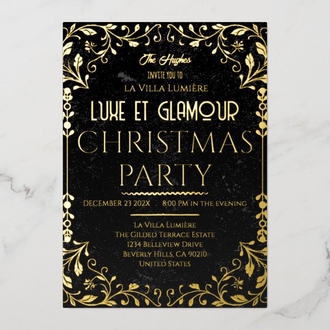Luxe et Glamour Black Gold Christmas Invitation (Recto)