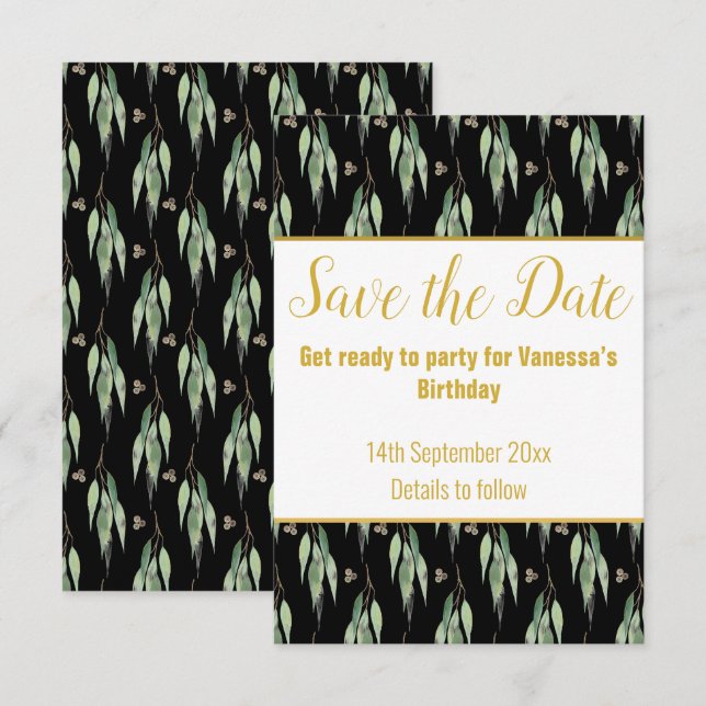 LUXE EUCALYPTUS PATTERN BLACK SAVE THE DATE UAWG RSVP KARTE (Vorne/Hinten)